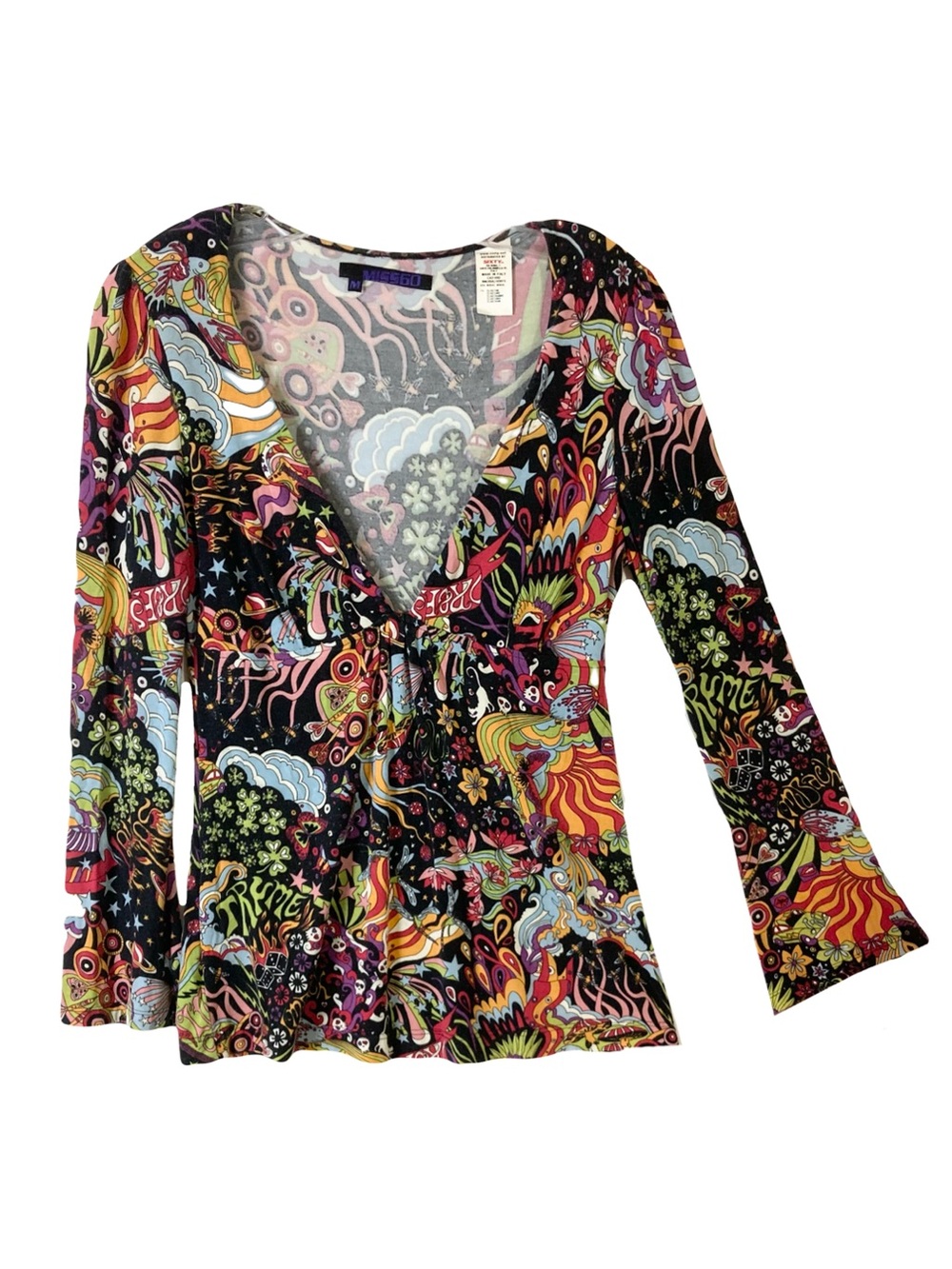 MISS SIXTY Top M ITALY Multi-Print V-Neck Bell-Long-Sleeve Stretchy